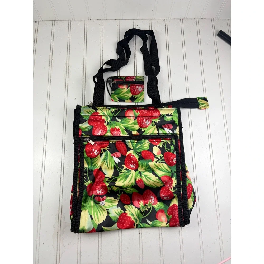 Vintage Y2K Strawberry Print Foldable Reusable Tote Shopping Bag with Coin Pouch